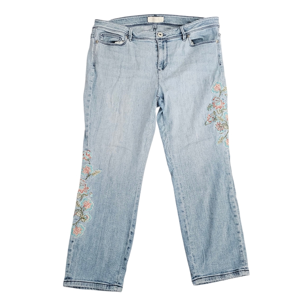 J Jill Authentic Fit Cropped Denim Jeans Floral Embroidered Womens Size 14